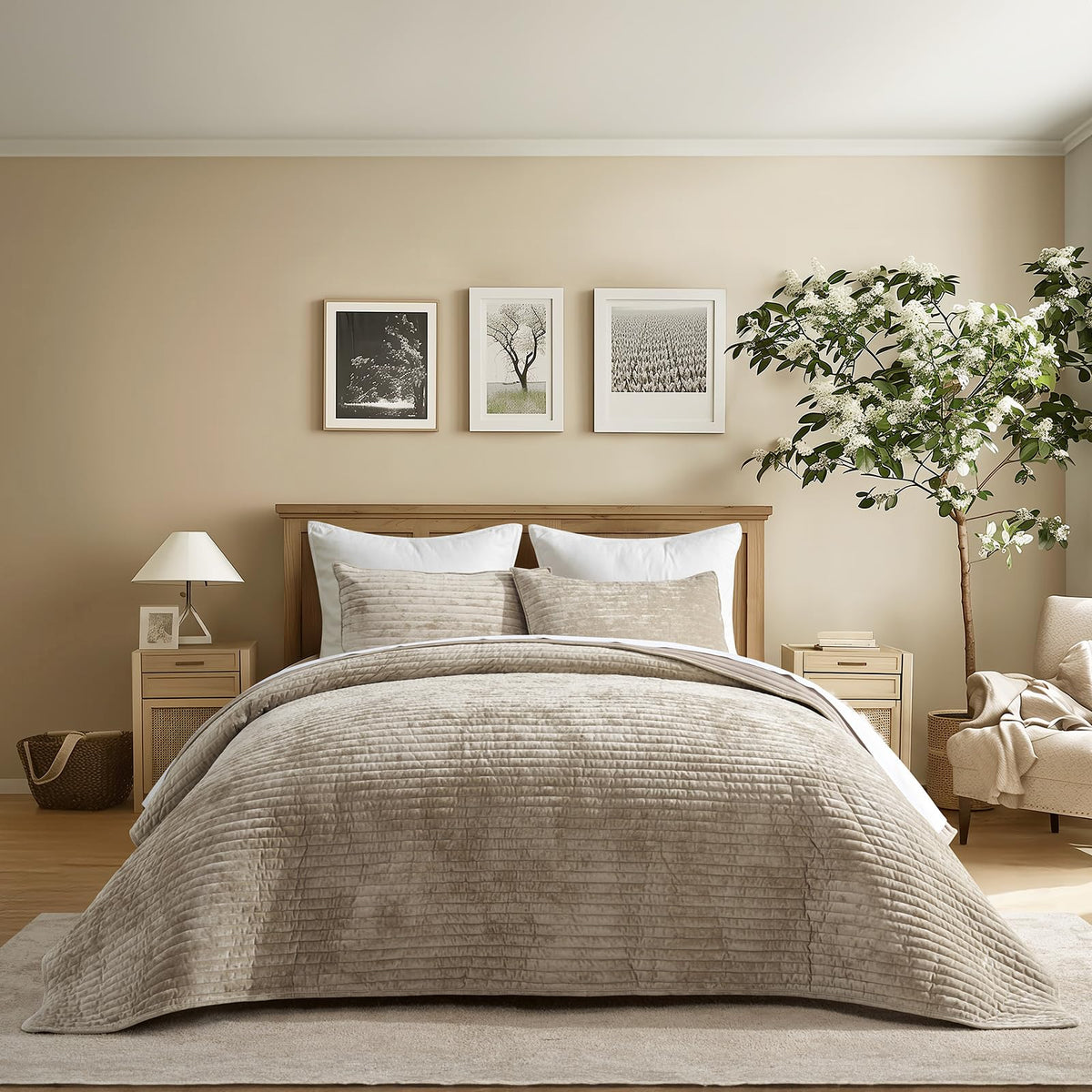 EverGrace Stripe Channel Luxury Velvet Quilt Set King Size, Beige Taupe