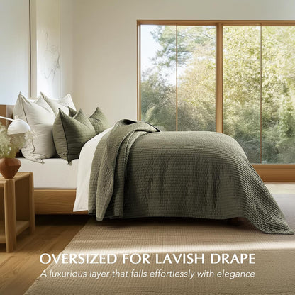 EVERGRACEHOME Cotton Sateen Quilt Set, Queen Size, Olive Green