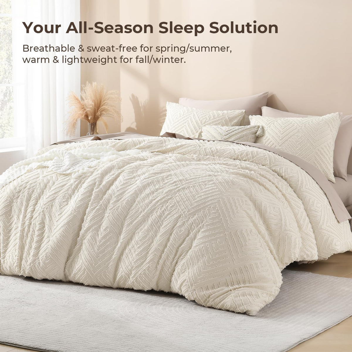 Litanika King Size Comforter Set, 3 Pieces Beige Tufted Boho Bedding Set