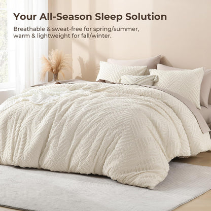 Litanika King Size Comforter Set, 3 Pieces Beige Tufted Boho Bedding Set