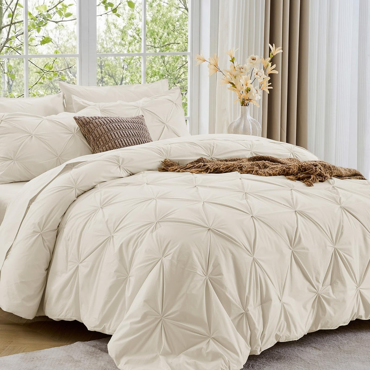 Sasttie Full Size Comforter Set, 7-Piece Bed in a Bag Double, Pintuck Bedding Set for All Season, Includes Comforter, Flat Sheet, Fitted Sheet, Pillowcases and Pillowshams, Beige