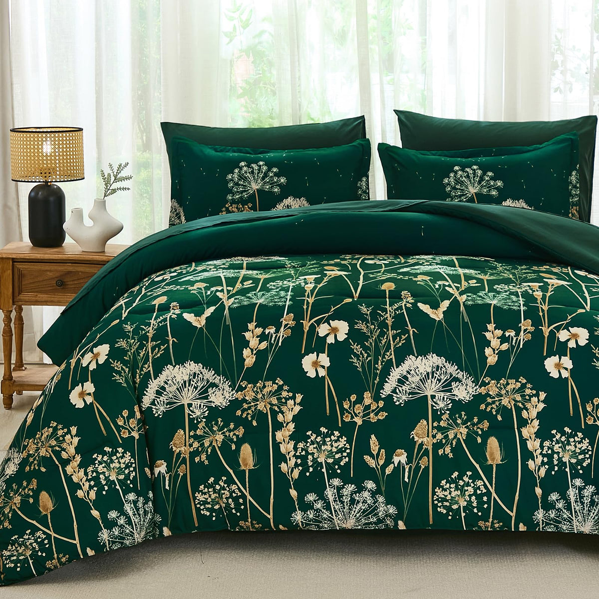 Yiran Queen Comforter Set, 7 Piece Floral Dark Green Dandelion Bed in a Bag