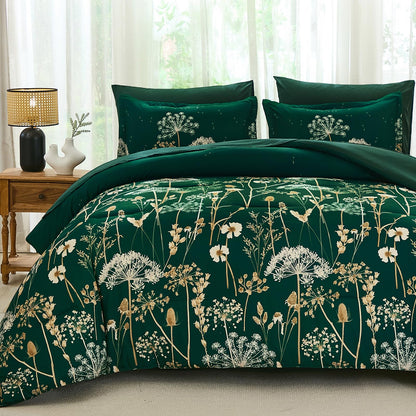 Yiran Queen Comforter Set, 7 Piece Floral Dark Green Dandelion Bed in a Bag