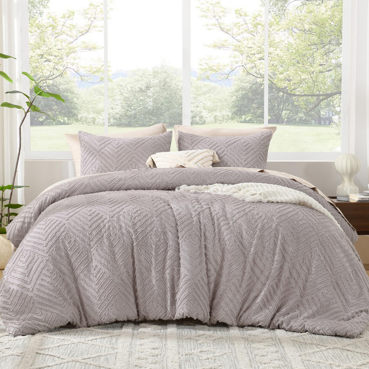Litanika King Size Comforter Set, 3 Pieces Beige Tufted Boho Bedding Set