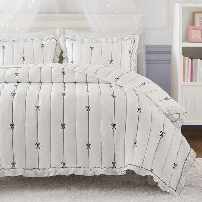 Intelligent Design Bow Embroidered Ruffle Pink Queen Quilt Set, 3pc