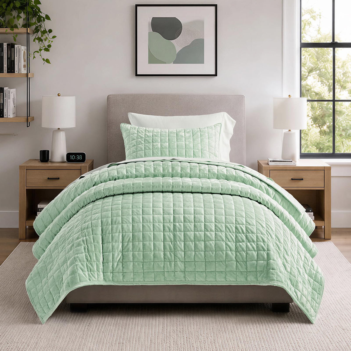 RECYCO Channel Box Stitch Velvet Quilt Set, King Size, Beige