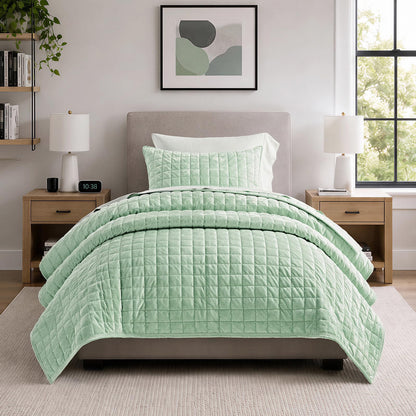 RECYCO Channel Box Stitch Velvet Quilt Set, King Size, Beige
