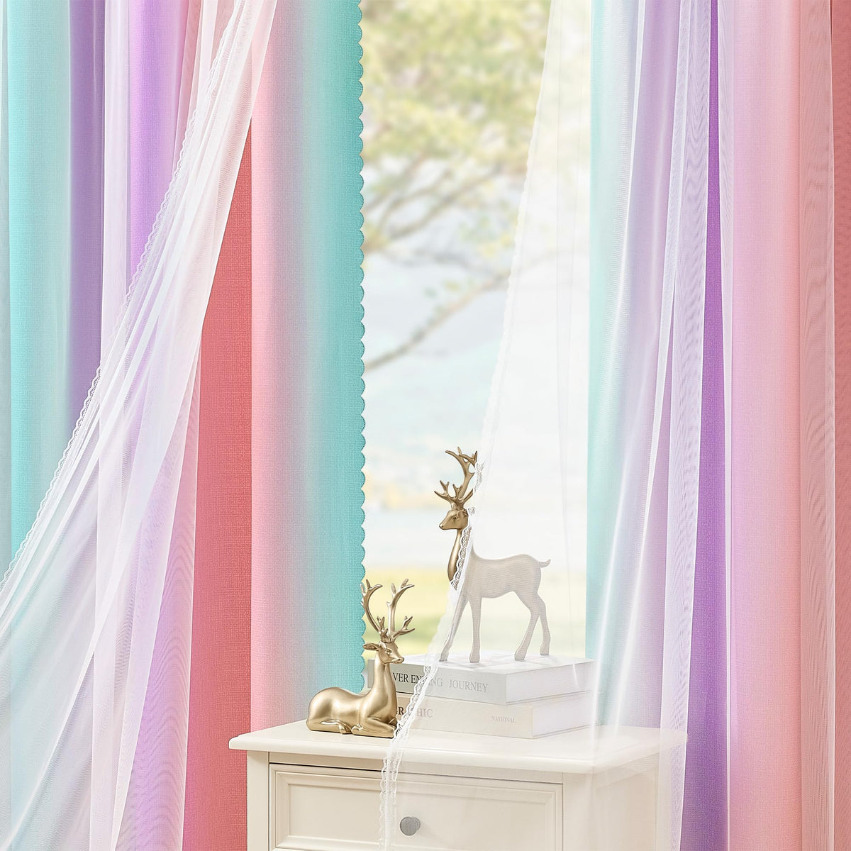 XiDi Blackout Curtains for Girls Bedroom Decor Pink Kids Rainbow Curtains