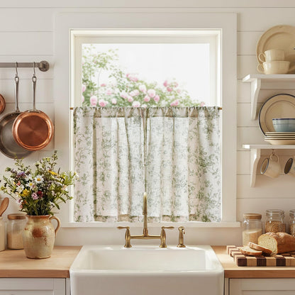 jinchan Floral Linen Kitchen Tier Curtains, 24 Inch, 2 Panels, Green