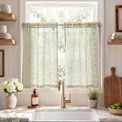 jinchan Linen Striped Tier Curtains for Kitchen Windows Green 26 x 24 inch