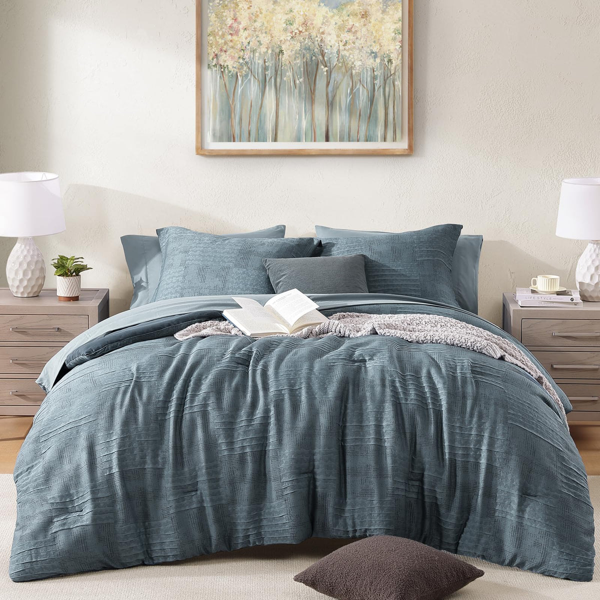 MaiRêve Queen Comforter Set Crinkle Textured Charcoal Grey Bedding 7 Pieces