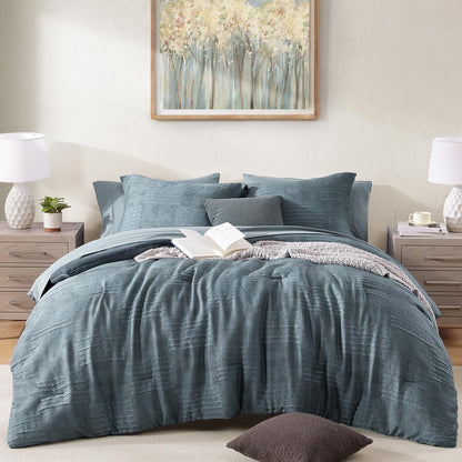 MaiRêve Queen Comforter Set Crinkle Textured Charcoal Grey Bedding 7 Pieces