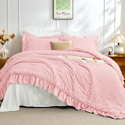 JOLLYVOGUE White Comforters Queen Size, 3 Pieces Ruffle Seersucker Queen Comforter Set for All Season, Lightweight Soft Shabby Chic Bedding Sets for Women（1 Comforter, 2 Pillowshams）
