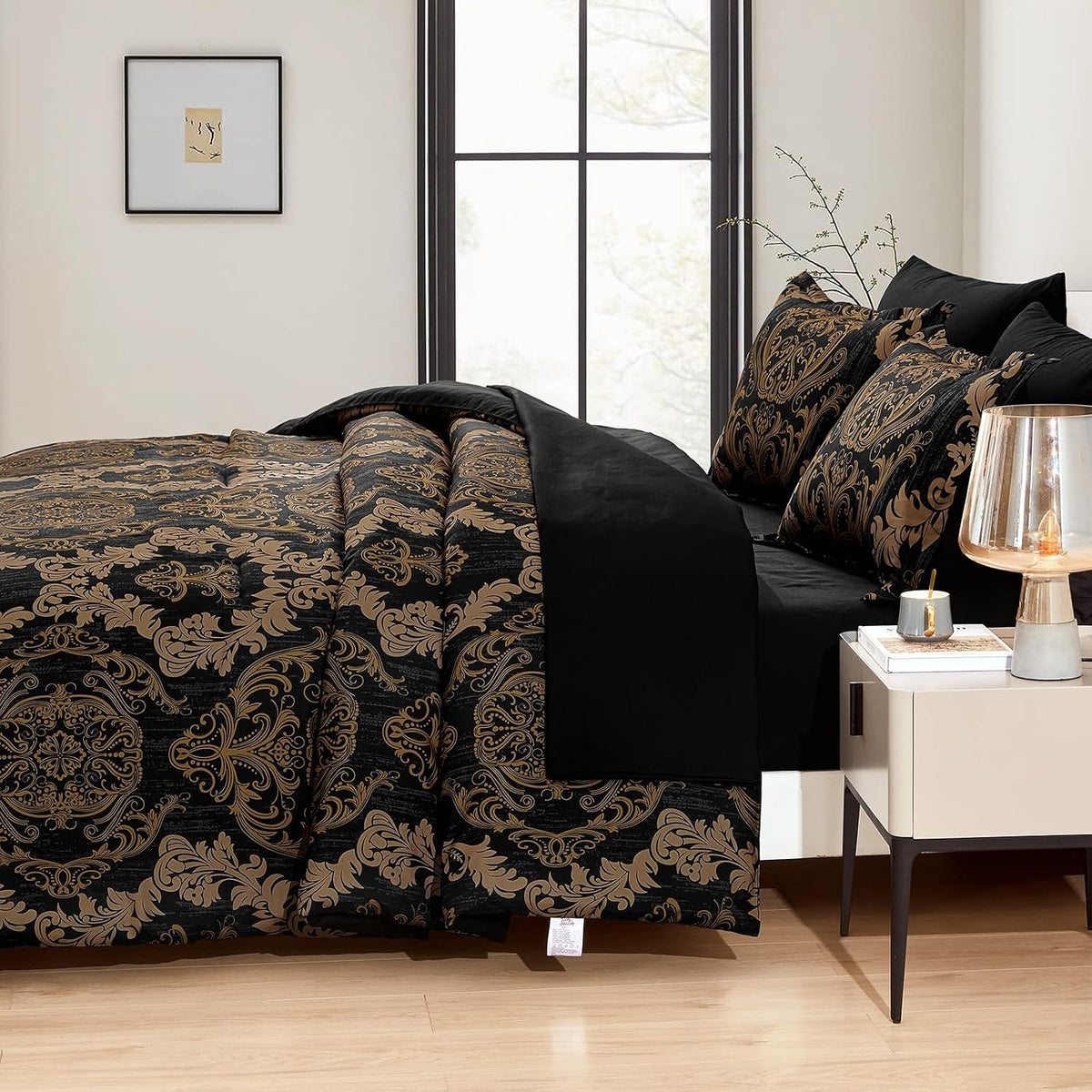 WONGS BEDDING Black Comforter Set Queen Size, Gold Damask Texture 7 Pieces Bed in a Bag Microfiber Comforter Bedding Sets -1 Comforter, 1 Flat Sheet, 1 Fitted Sheet, 2 Pillow Shams, 2 Pillowcases