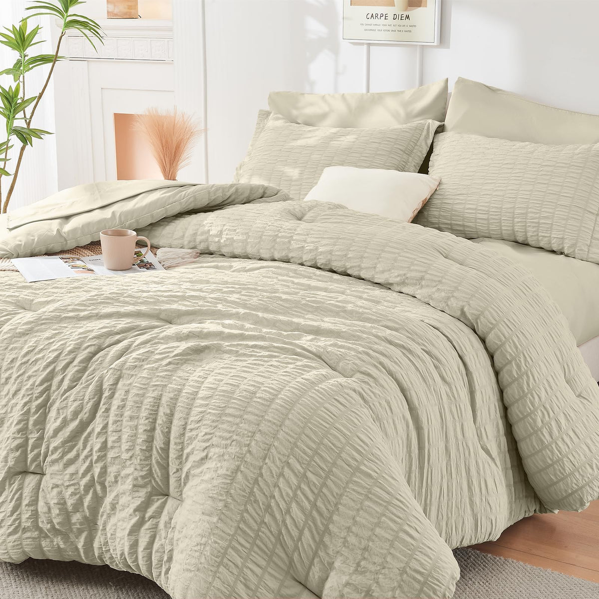 Queen Comforter Set - 7PCS Bed in a Bag, Seersucker Bedding Set, Beige