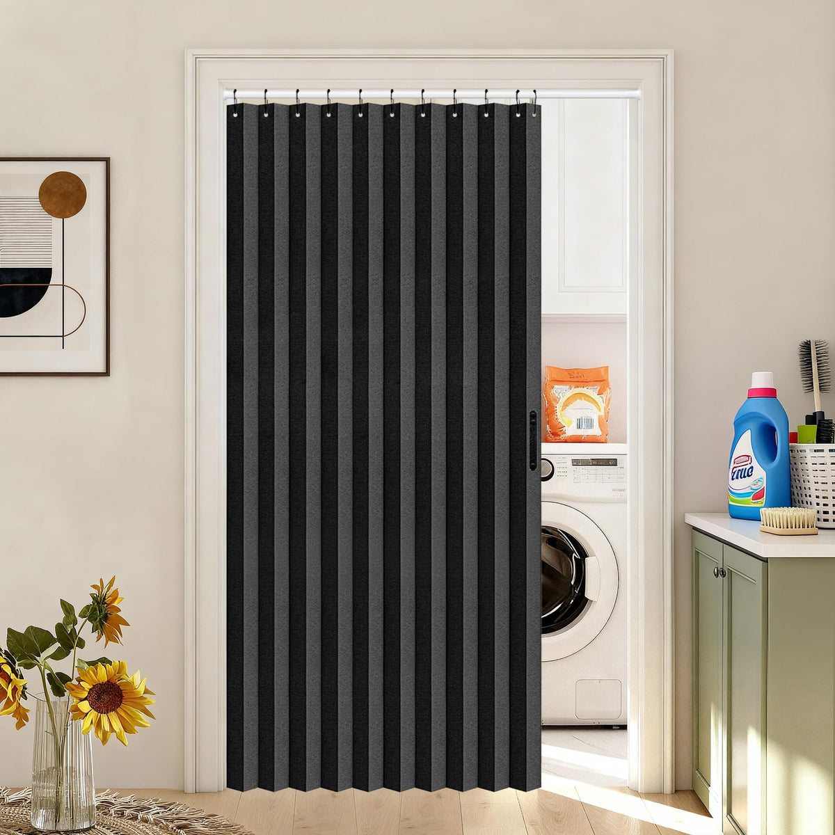Vatge Closet Door Curtain Room Divider Drapes, Pleated Folding Style Curtains for Doorways Curtain for Bedroom Without Door,1 Panel with Tieback, W39 x L78, Black