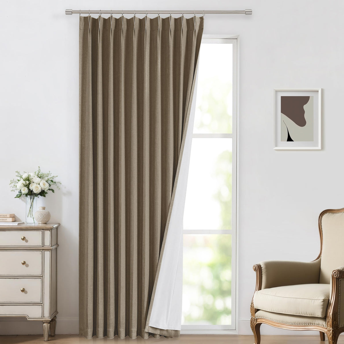 Vision Home Natural Pinch Pleated Full Blackout Curtains Linen Blended Room Darkening Window Curtains 95 inch for Living Room Bedroom Thermal Insulated Pinch Pleat Drapes with Hooks 2 Panel 40"Wx95"L