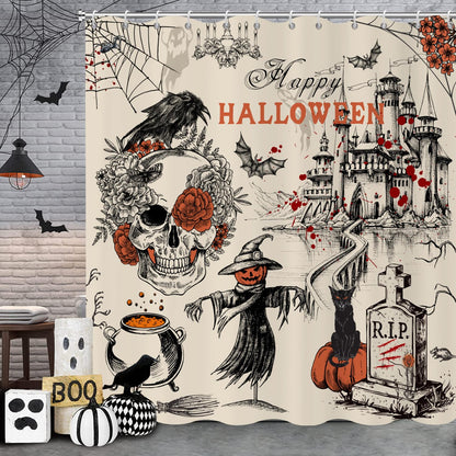 Halloween Shower Curtain, Black and White Funny Ghosts Icons Spooky Cute Halloween Bathroom Curtain Waterproof Fabric Machine Washable with Hooks, 72" Wx72 L