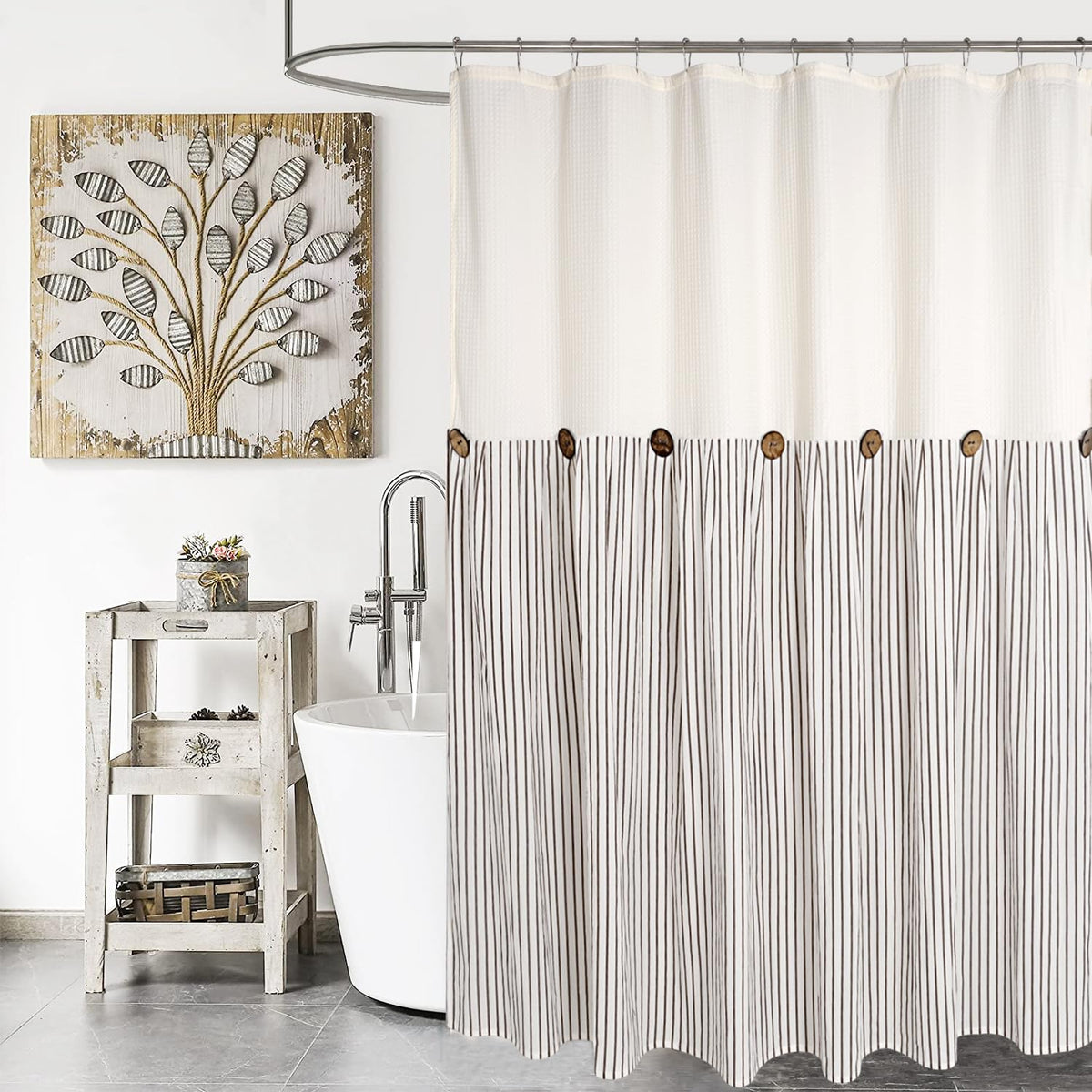 DOSLY IDÉES Farmhouse Shower Curtain,Beige and Gray Stripe,Button Curtain,Linen and Cotton Woven Fabric,Rustic Charm Country Chic Style,72x72 in
