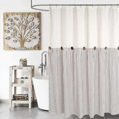 DOSLY IDÉES Farmhouse Shower Curtain,Beige and Gray Stripe,Button Curtain,Linen and Cotton Woven Fabric,Rustic Charm Country Chic Style,72x72 in
