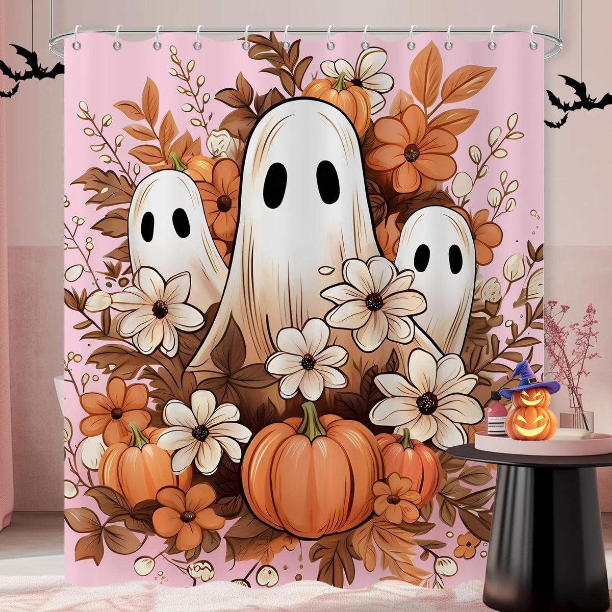 Halloween Shower Curtain, Black and White Funny Ghosts Icons Spooky Cute Halloween Bathroom Curtain Waterproof Fabric Machine Washable with Hooks, 72" Wx72 L