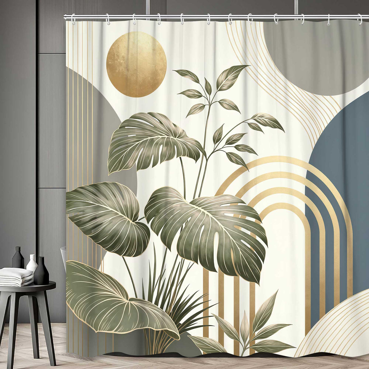 Bondjos Abstract Geometric Botanical Shower Curtain Mid Century Boho Tropical Gold Geometric Monstera Leaf Modern Minimalist Bathroom Curtain Modern Aesthetic Bath Accessories Art Home Decor
