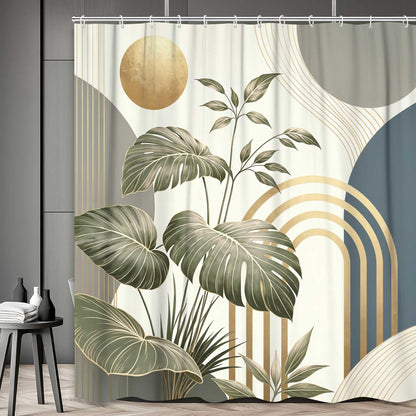 Bondjos Abstract Geometric Botanical Shower Curtain Mid Century Boho Tropical Gold Geometric Monstera Leaf Modern Minimalist Bathroom Curtain Modern Aesthetic Bath Accessories Art Home Decor