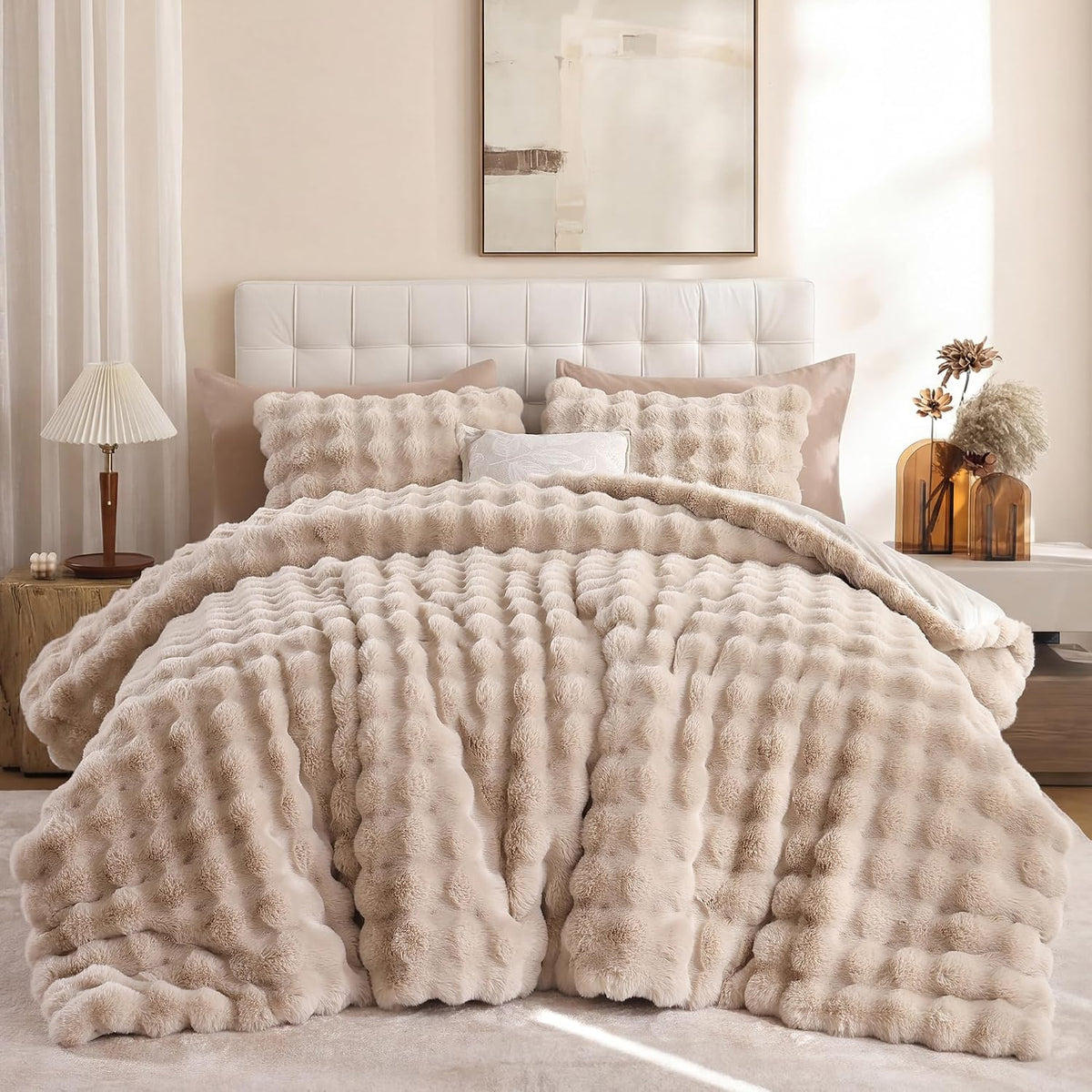 YIKUSH Queen Faux Fur Soft Comforter Set, Fluffy Linen Rabbit Fur Comforter