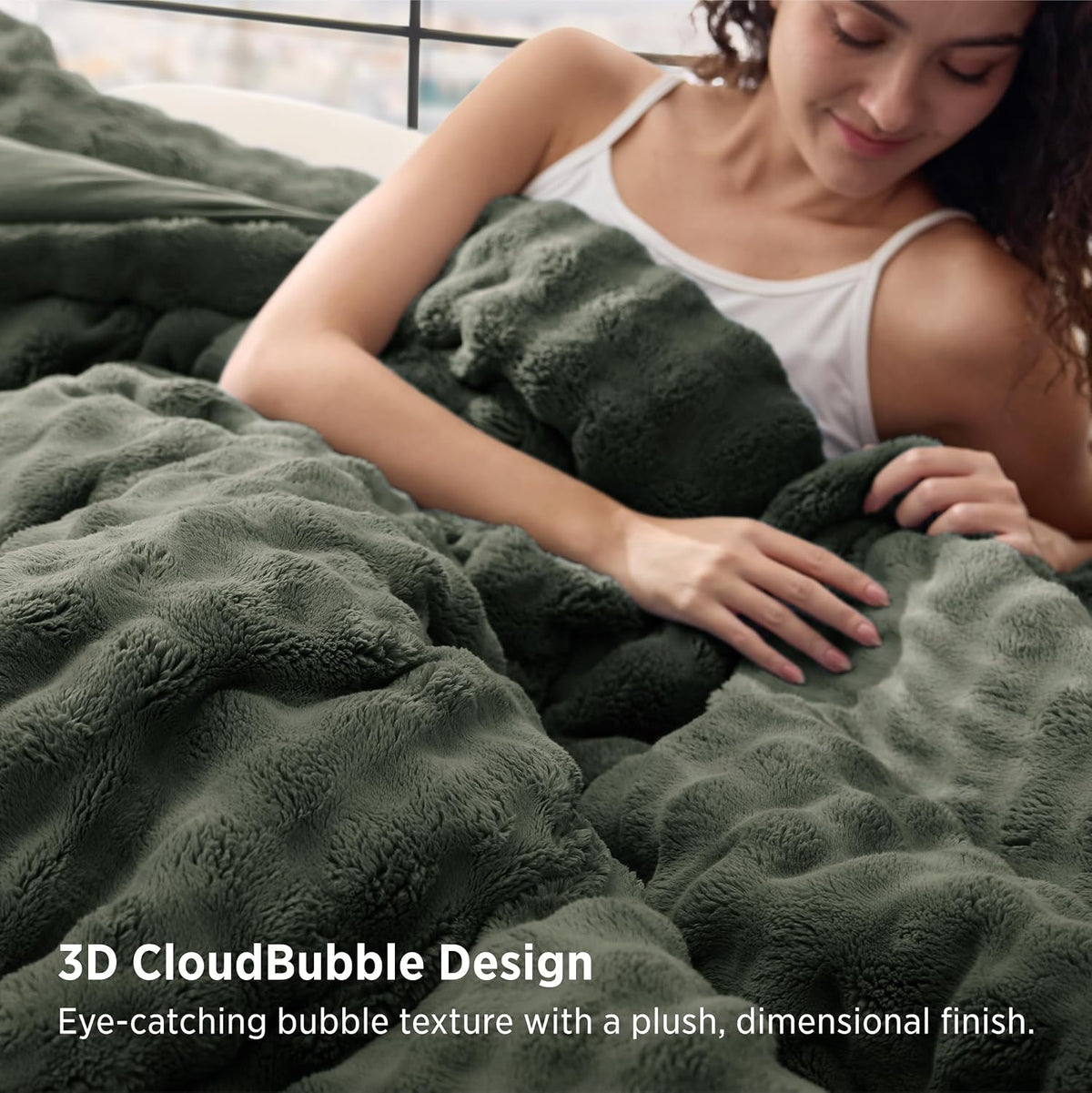 Bedsure 3D Cloud Bubble Comforter Fluffy Comforter Queen Dark Green 3 Pcs