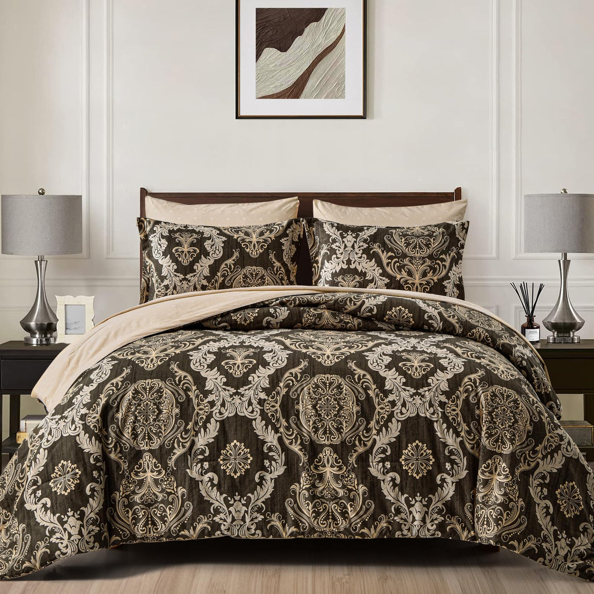 WONGS BEDDING Black Comforter Set Queen Size, Gold Damask Texture 7 Pieces Bed in a Bag Microfiber Comforter Bedding Sets -1 Comforter, 1 Flat Sheet, 1 Fitted Sheet, 2 Pillow Shams, 2 Pillowcases