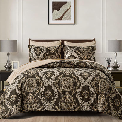 WONGS BEDDING Black Comforter Set Queen Size, Gold Damask Texture 7 Pieces Bed in a Bag Microfiber Comforter Bedding Sets -1 Comforter, 1 Flat Sheet, 1 Fitted Sheet, 2 Pillow Shams, 2 Pillowcases