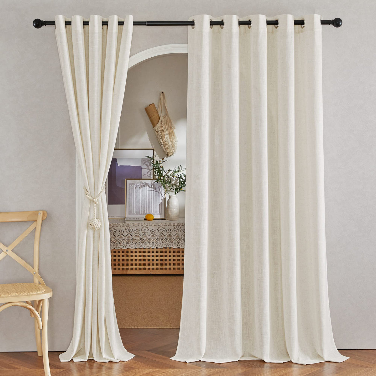 NICETOWN Semi Sheer Linen Ivory Curtains for Bedroom, W52xL84, 2 Panels