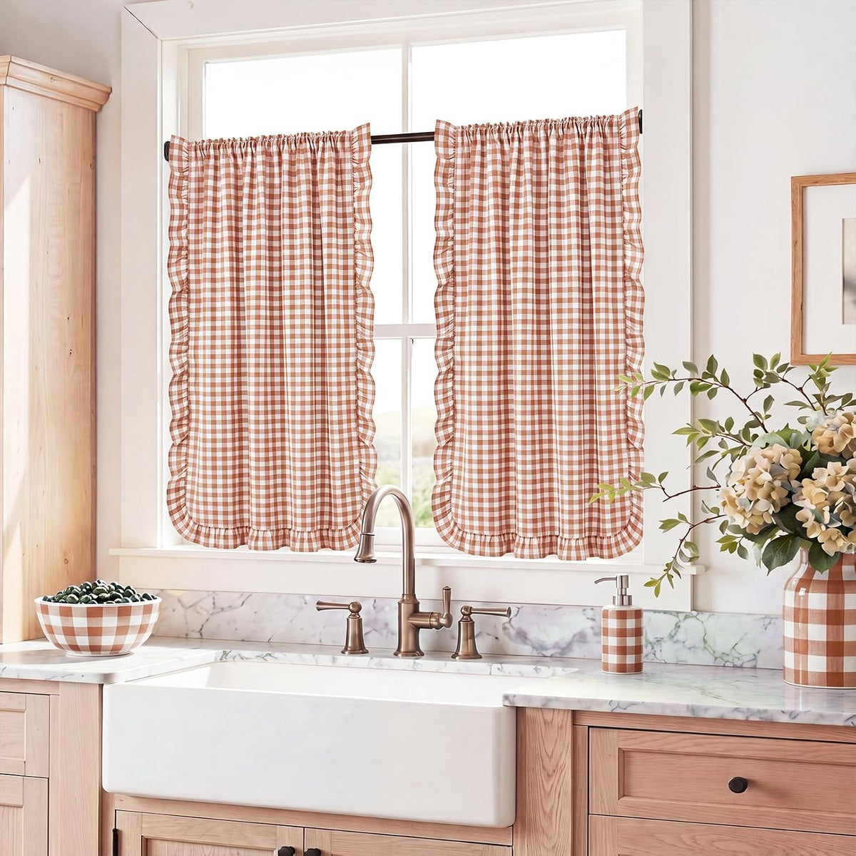 Brown White Gingham Kitchen Curtains 36" Buffalo Plaid Ruffle Cafe Curtains