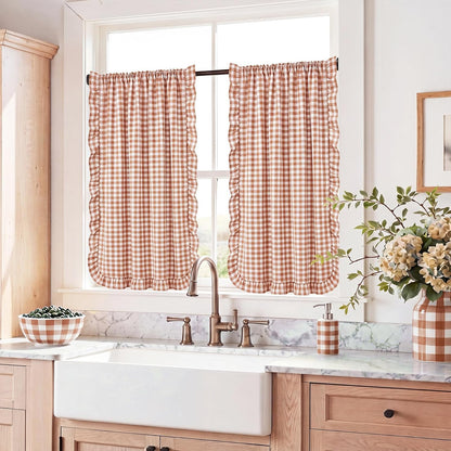 Brown White Gingham Kitchen Curtains 36" Buffalo Plaid Ruffle Cafe Curtains