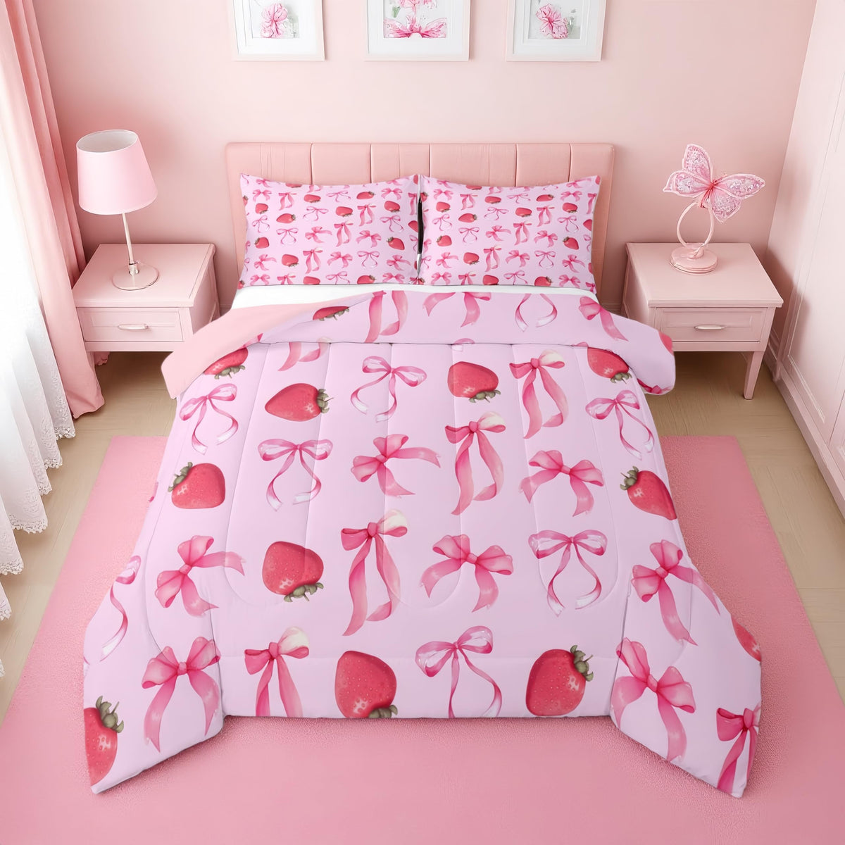 Erosebridal Cute Pink Bow Twin Bedding Set for Girls,Ribbon Bow Knot Comforter Set for Kids Kawaii Room Decor,Princess Bowknot Bed Set Girly Pink Bows Bedding Comforter Sets,1 Pillowcase