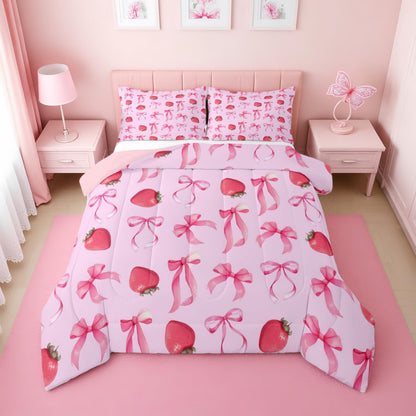 Erosebridal Cute Pink Bow Twin Bedding Set for Girls,Ribbon Bow Knot Comforter Set for Kids Kawaii Room Decor,Princess Bowknot Bed Set Girly Pink Bows Bedding Comforter Sets,1 Pillowcase