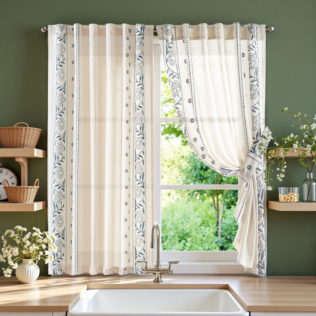 jinchan Beige Floral Linen Kitchen Tier Curtains 50x45 Inch 2 Panels