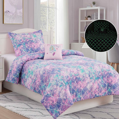 Twin Comforter Set for Girls-3 Pieces Mermaid Glow in the Dark Bedding Sets