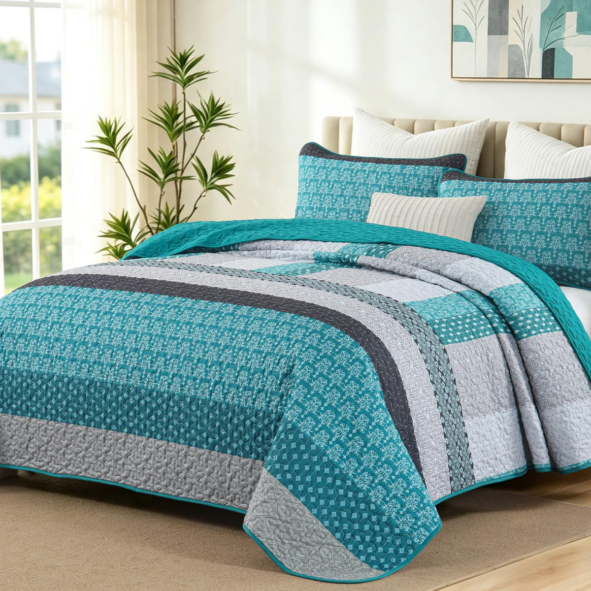 WONGS BEDDING Grey Queen Size Quilt Set, Boho Striped Bedspread