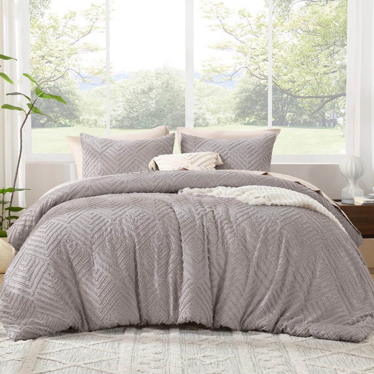 Litanika King Size Comforter Set, 3 Pieces Beige Tufted Boho Bedding Set