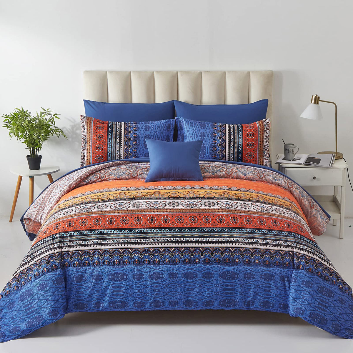 Cottolester Boho Comforter Set Queen Size 8 Piece Bed in a Bag Bohemian Striped Bedding Quilt Set Aqua Paisley Floral Comforter and Sheet Set,Soft Microfiber Complete Bedding Sets for All Season