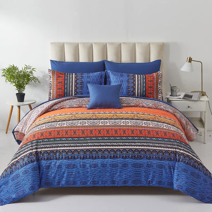 Cottolester Boho Comforter Set Queen Size 8 Piece Bed in a Bag Bohemian Striped Bedding Quilt Set Aqua Paisley Floral Comforter and Sheet Set,Soft Microfiber Complete Bedding Sets for All Season