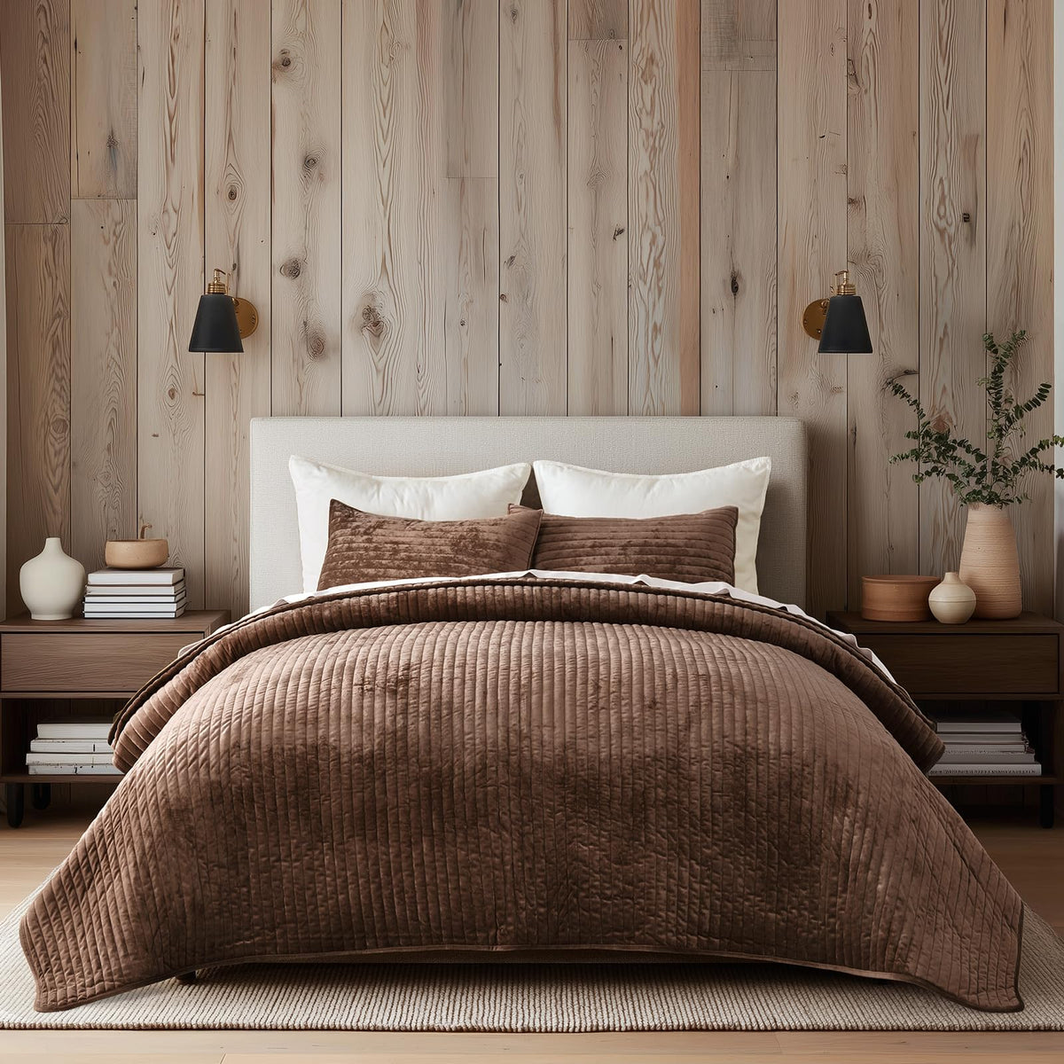 EverGrace Stripe Channel Luxury Velvet Quilt Set King Size, Beige Taupe
