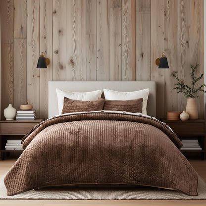 EverGrace Stripe Channel Luxury Velvet Quilt Set King Size, Beige Taupe