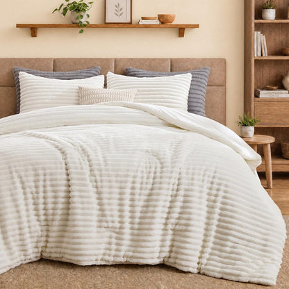 Sasttie Fluffy Queen Comforter Set, 3 PC Soft Fleece Bedding, Cream White