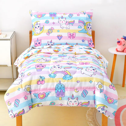 Mooreeke Toddler Bedding Sets for Girls,4 Pieces Blue Ocean Animals Printed