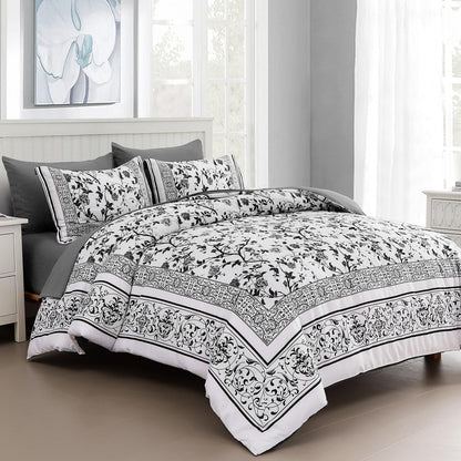 Dobuyly Floral Queen Comforter Set, 7 Piece Bed in a Bag Queen Size Blue Flowers on White Botanical Bedding Set, Soft Microfiber Bedding Comforter Sets with Sheets for All Season
