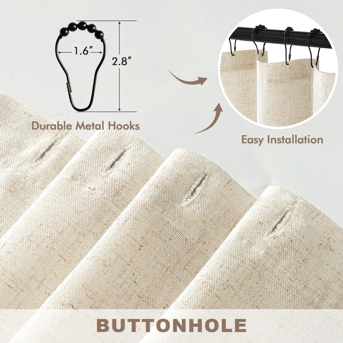 MIULEE Linen Buttonhole Fabric Shower Curtain Natural 72*72" 12 Metal Hooks