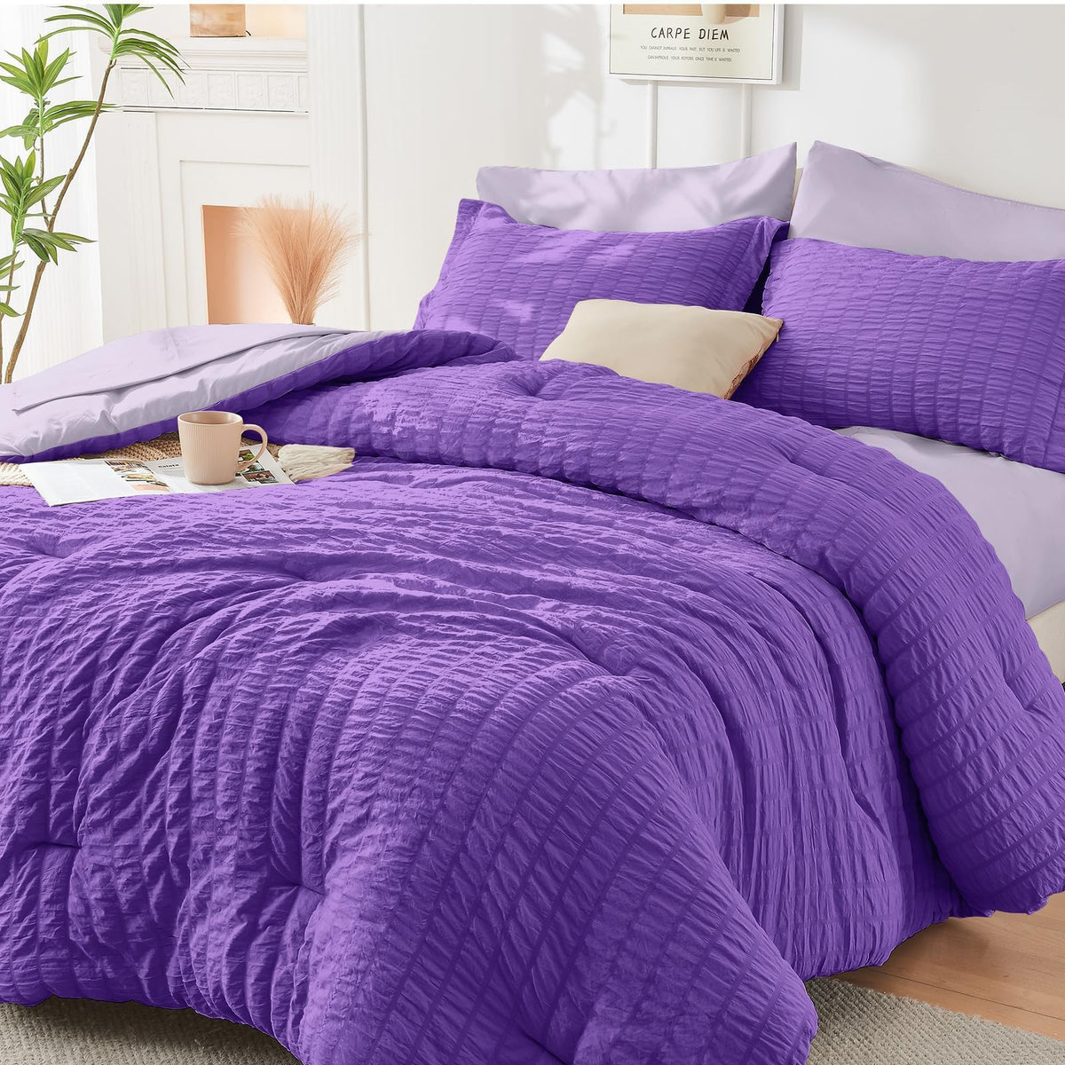 Full Comforter Set - 7PCS Bed in a Bag, Seersucker Bedding Set, Dark Grey