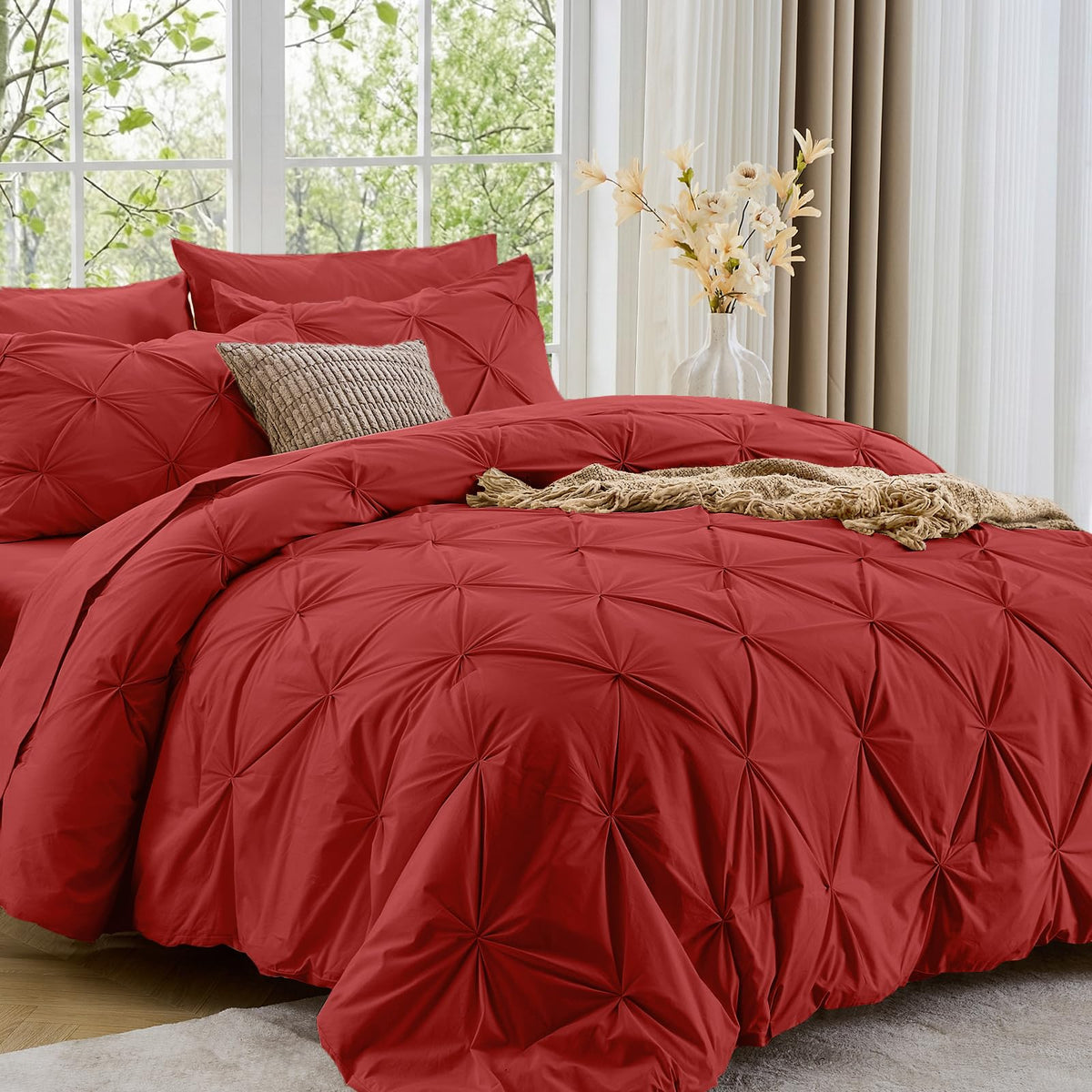 Sasttie Full Size Comforter Set, 7-Piece Bed in a Bag Double, Pintuck Bedding Set for All Season, Includes Comforter, Flat Sheet, Fitted Sheet, Pillowcases and Pillowshams, Beige